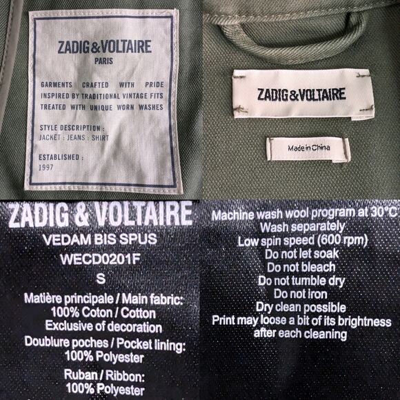 Zadig & Voltaire Vedam Bis Spus Kaki Green Skull Cotton Utility Jacket Small - Picture 9 of 12